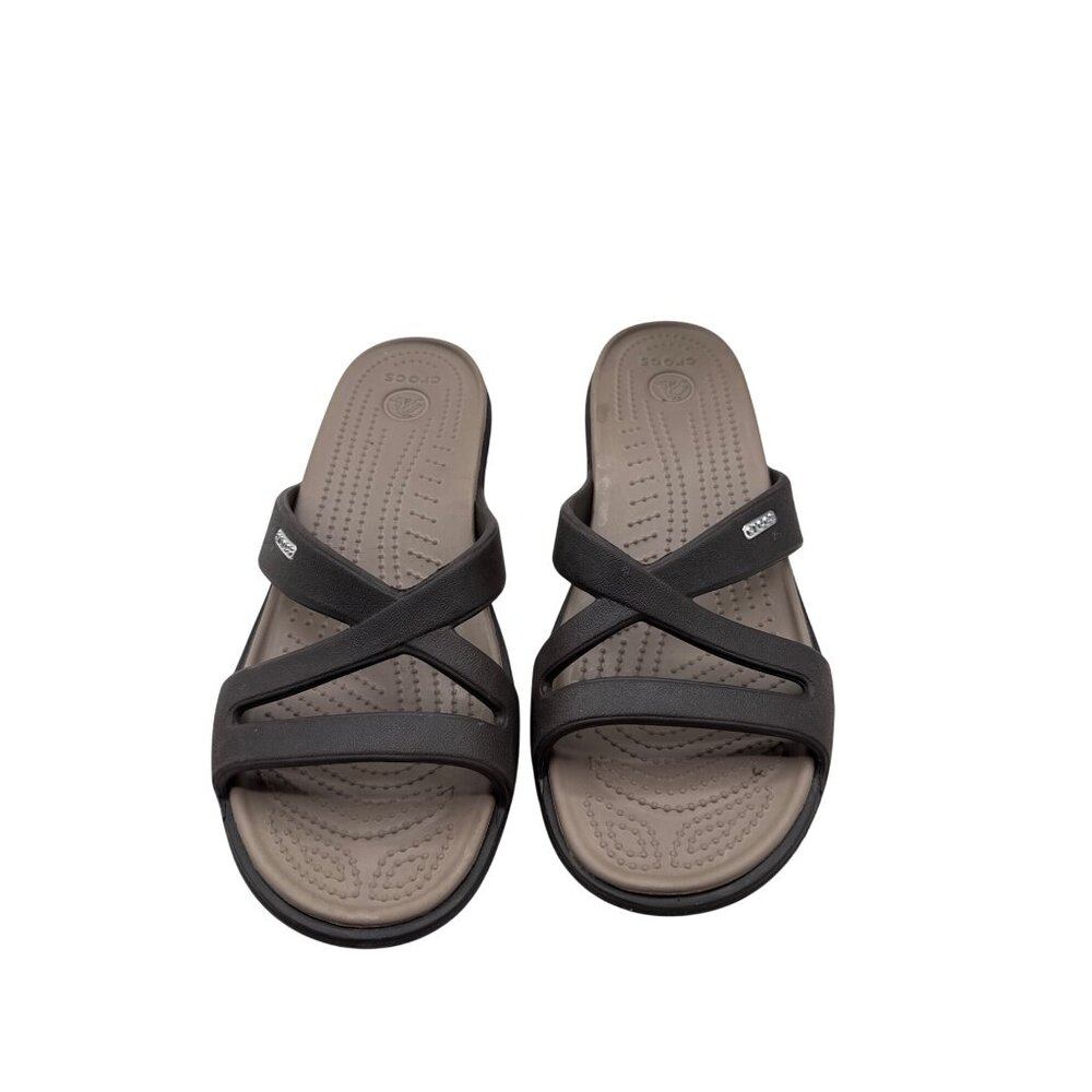 Crocs Size 10 Womens Brown & Beige Slip-On Wedge Sandals Criss-Cross Straps